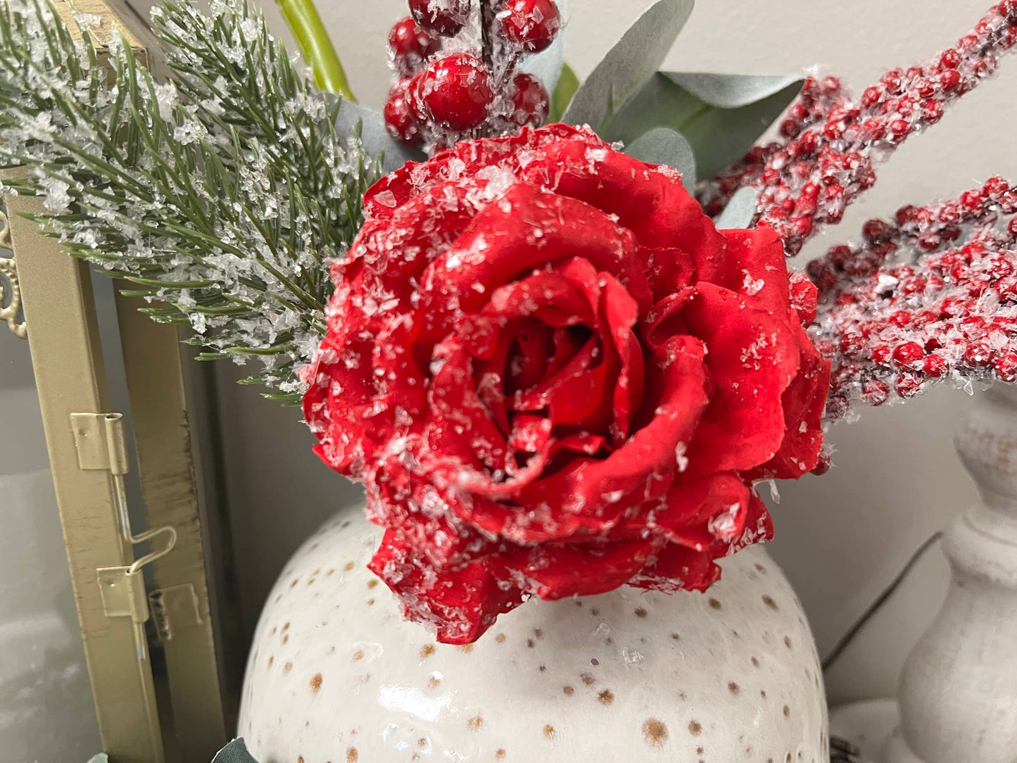 15in Snowy Silk Rose Stem – Winter Holiday Decoration