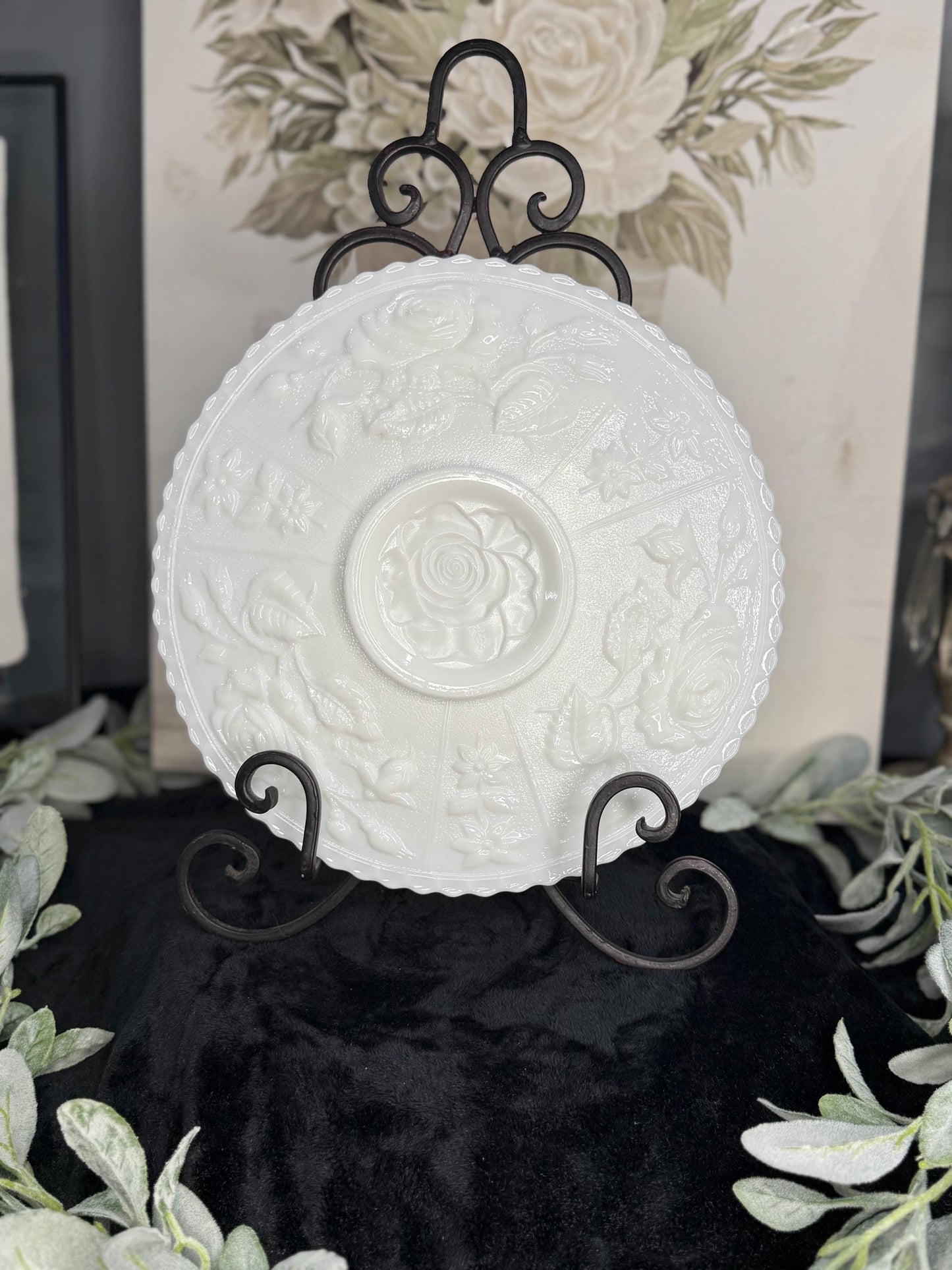 Imperial Glass Rose Milk Glass Canape Plate 11”