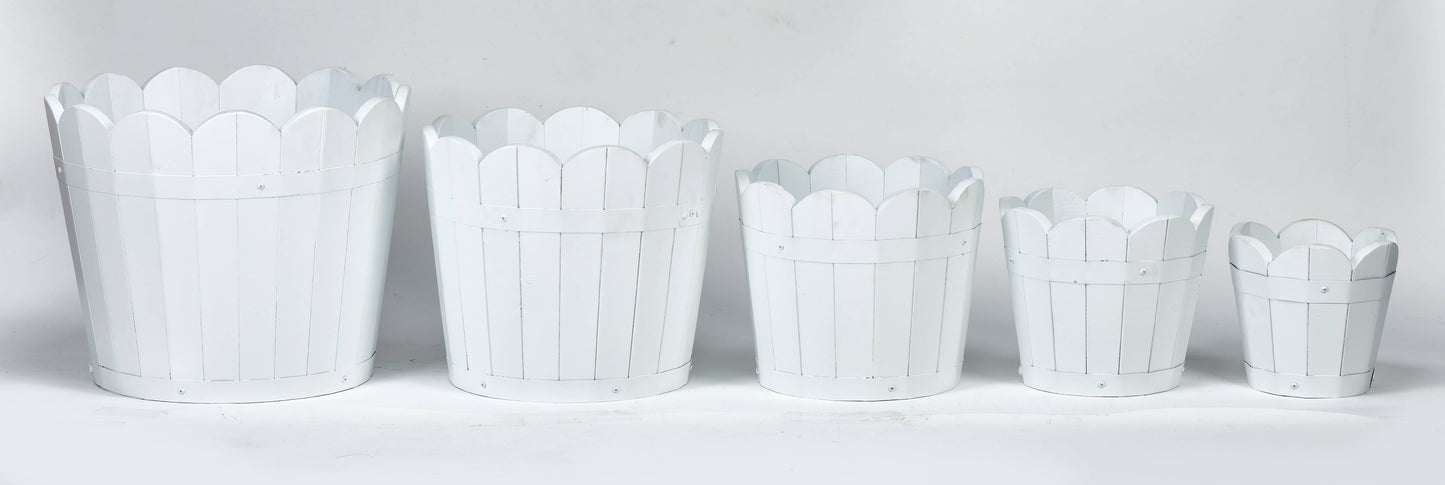 Nested White Scalloped Acacia Wood Barrel Planters