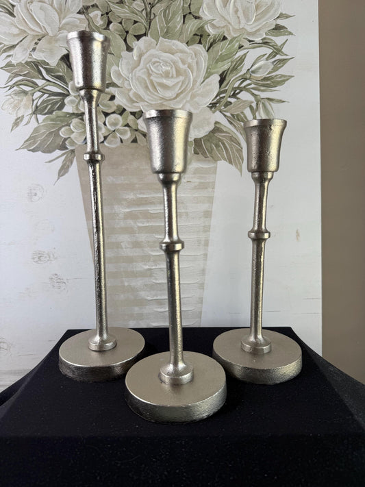 3 metal silver candle holders