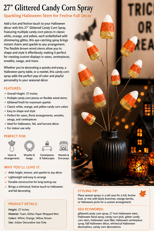 27" Glittered Candy Corn Spray | Halloween Decorative Floral