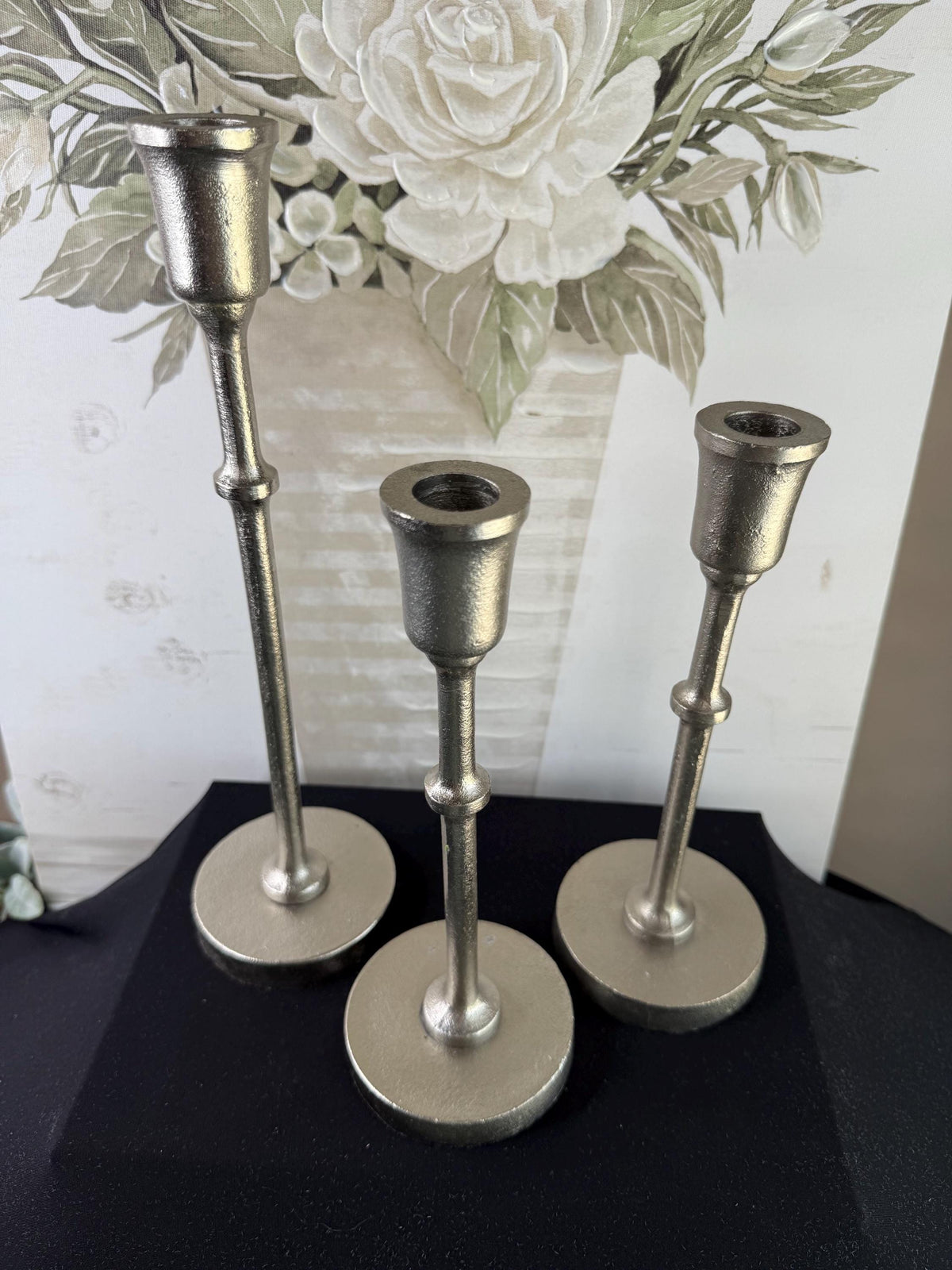 3 metal silver candle holders