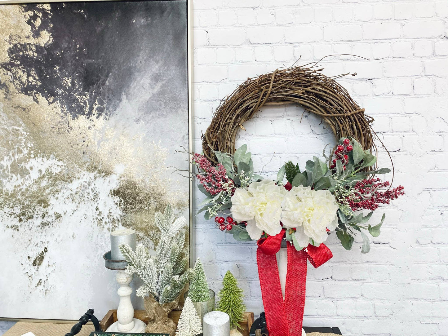 Large Bloom-Snowy Peony Stem – Winter Holiday Decora