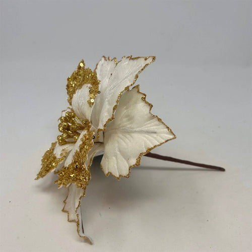 Holiday White Velvet Poinsettia Stem w/ Gold Glitter