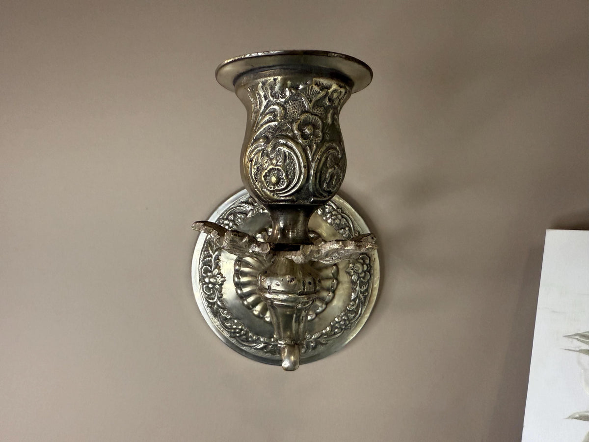 Vintage Silver Plated Candle Holder Sconces: Floral Scroll Design