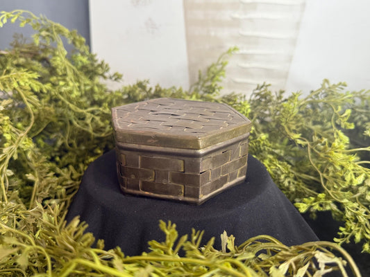 Vintage Solid Brass Trinket Box: Basket Weave Patina