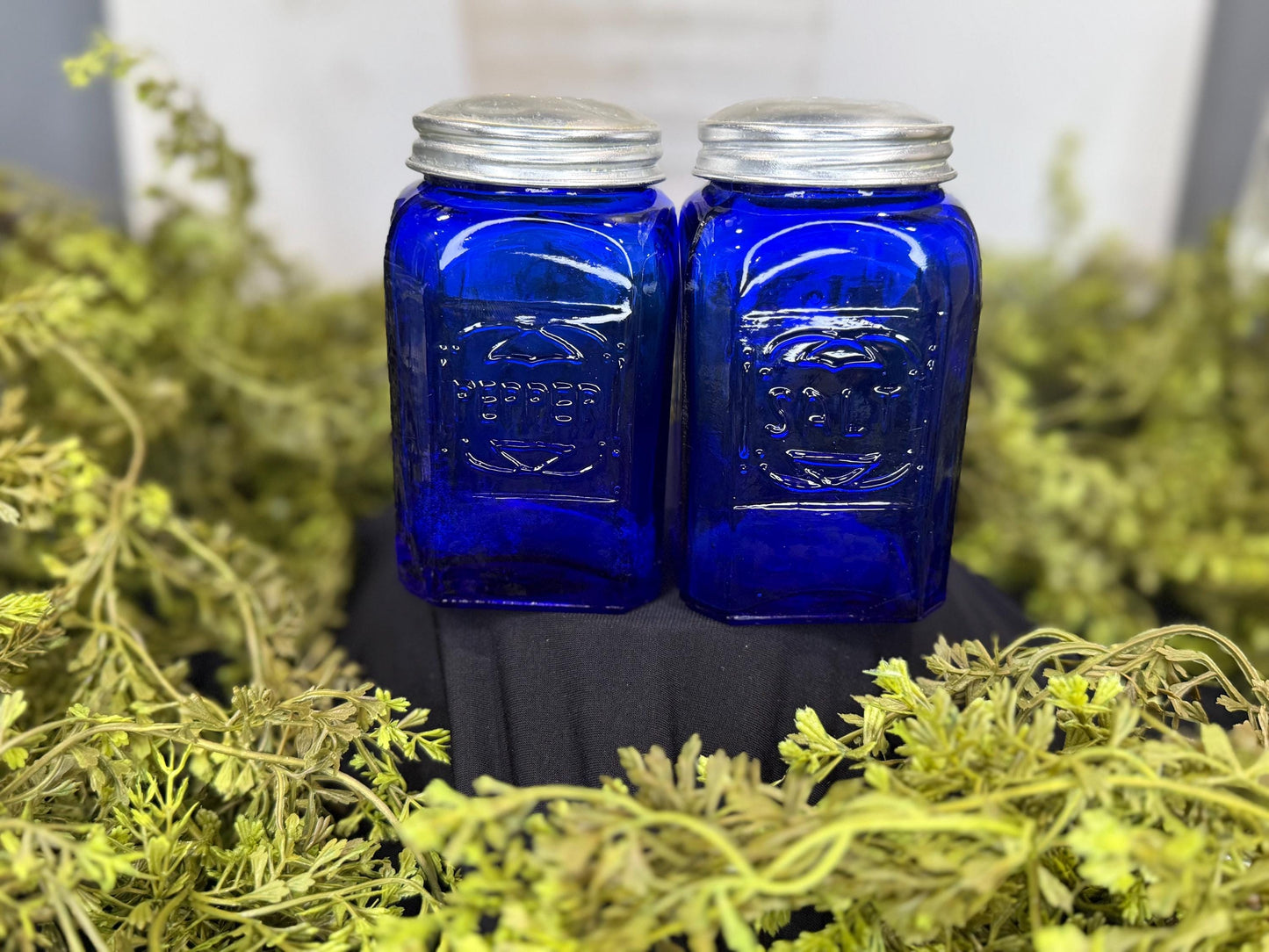 Vintage Miles Kimball 8oz cobalt blue depression glass salt and pepper shakers