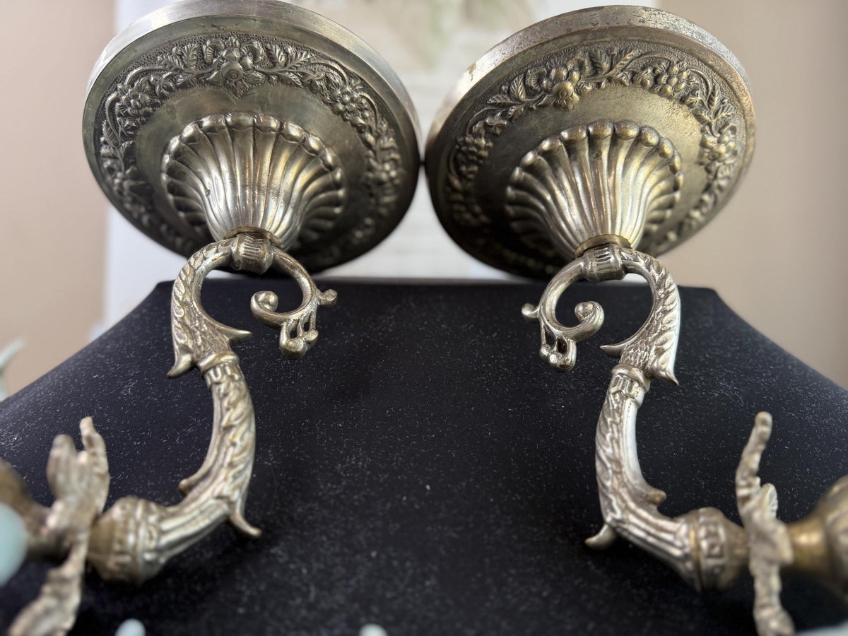 Vintage Silver Plated Candle Holder Sconces: Floral Scroll Design