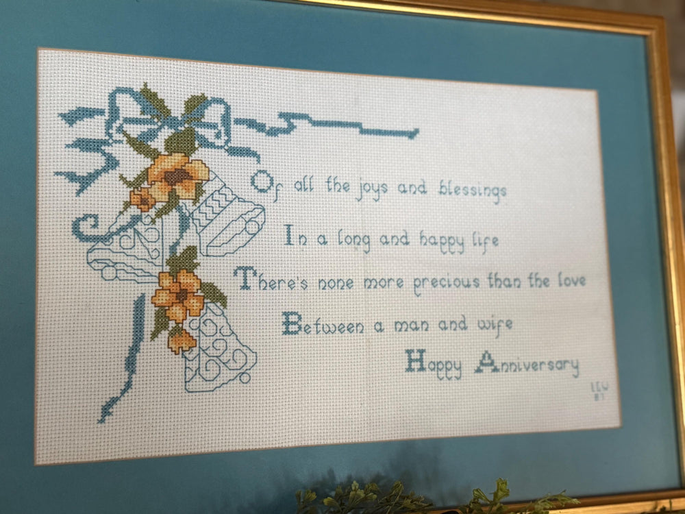 Framed Happy Anniversary Cross Stitch artwork