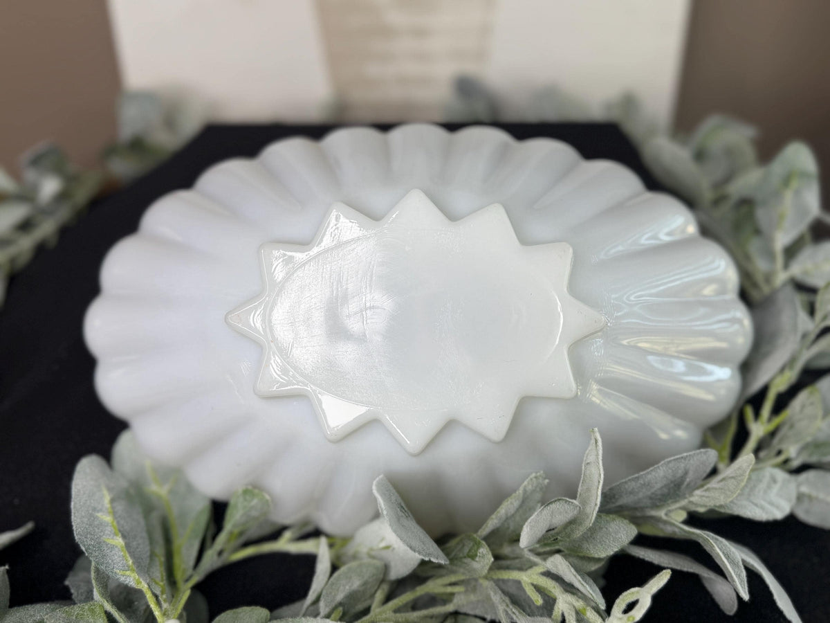 Vintage Anchor Hocking milk glass oval scalloped gold rim bowl