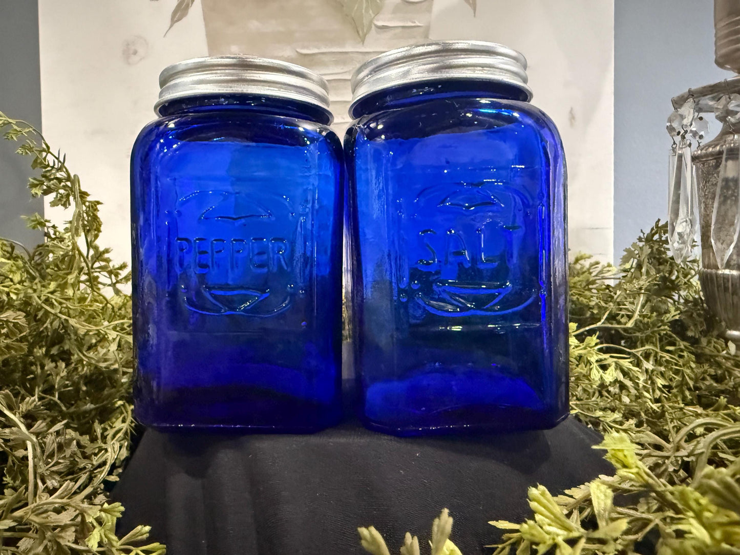 Vintage Miles Kimball 8oz cobalt blue depression glass salt and pepper shakers