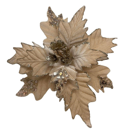 Beige Velvet Poinsettia w/ Champagne Glitter