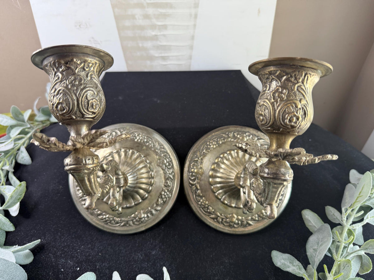 Vintage Silver Plated Candle Holder Sconces: Floral Scroll Design