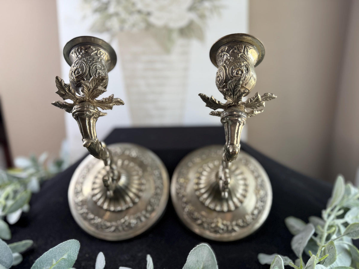 Vintage Silver Plated Candle Holder Sconces: Floral Scroll Design