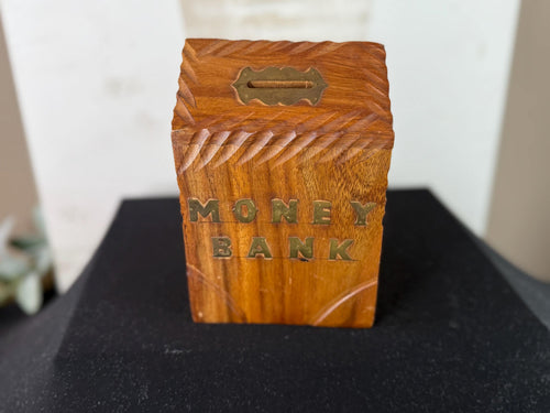 Hand Carved Wooden Money Bank with Brass Letters