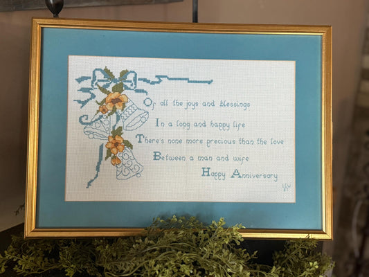 Framed Happy Anniversary Cross Stitch artwork