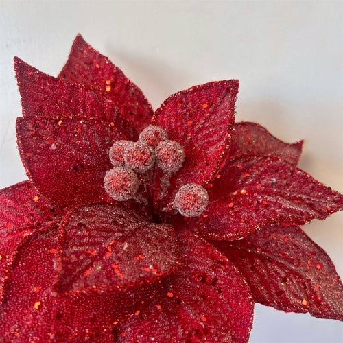 LuxBeaded Red Poinsettia Stem H:23" Dia:11"