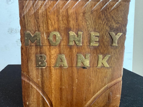 Hand Carved Wooden Money Bank with Brass Letters