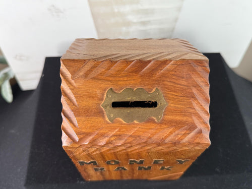 Hand Carved Wooden Money Bank with Brass Letters