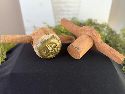 Antique primitive wooden juicer with copper filter