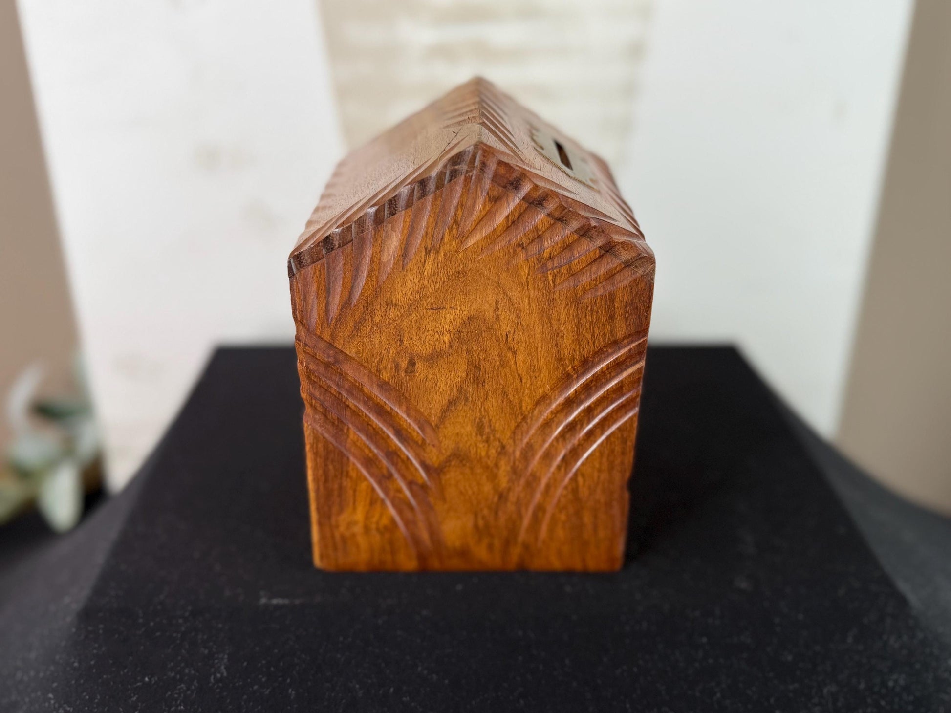 Hand Carved Wooden Money Bank with Brass Letters