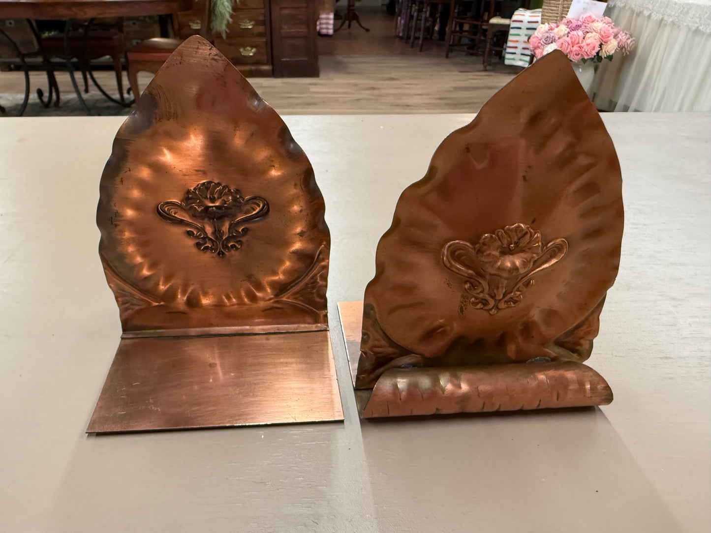 Gregorian solid copper bookends with floral motif