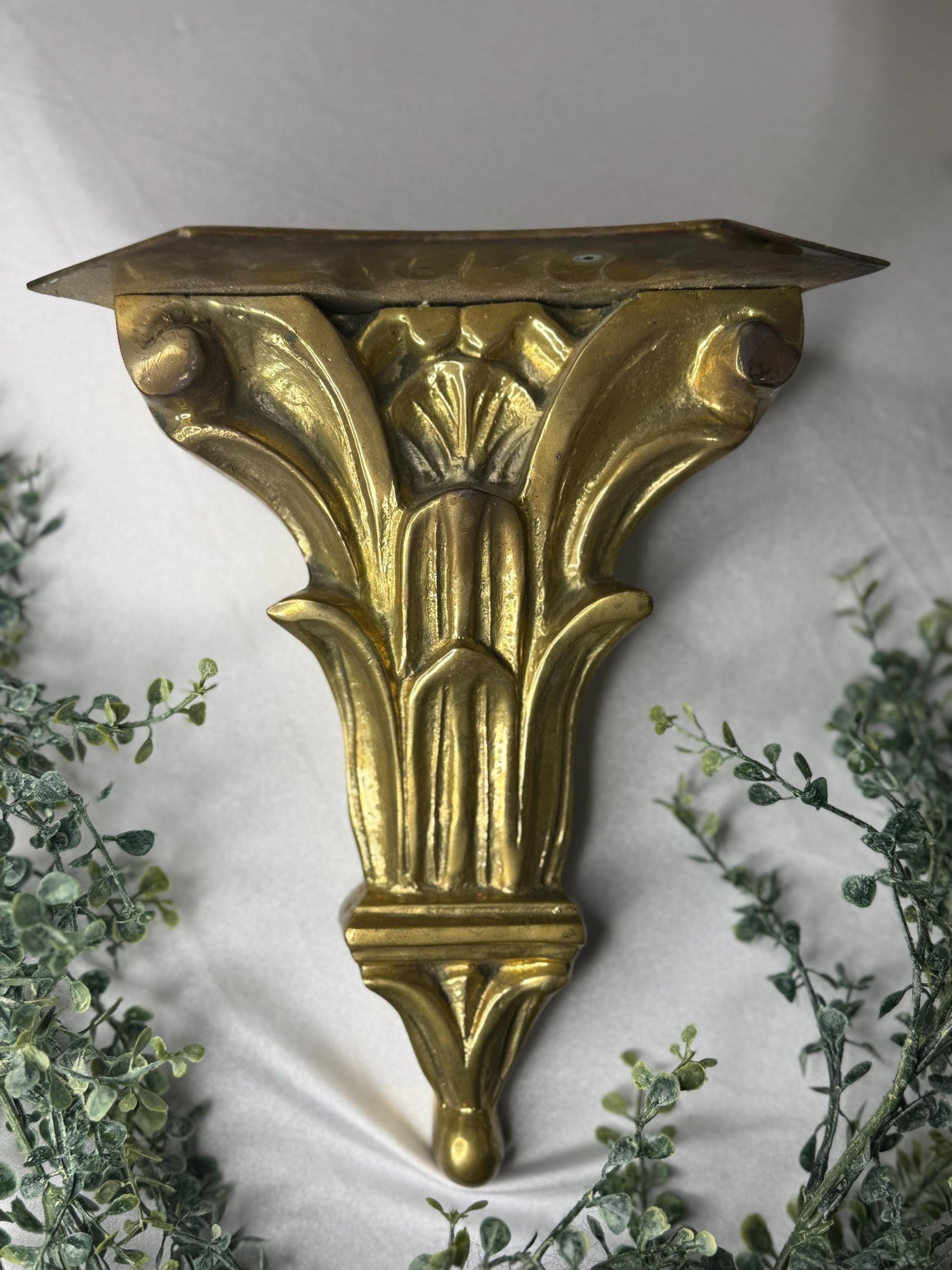Italian Neoclassical Corinthian Style solid brass wall Bracket Shelf by Hollywood Regency