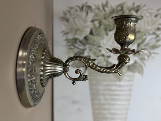 Pair of Vintage Silver Plated Candle Holder Sconces: Floral Scroll Design