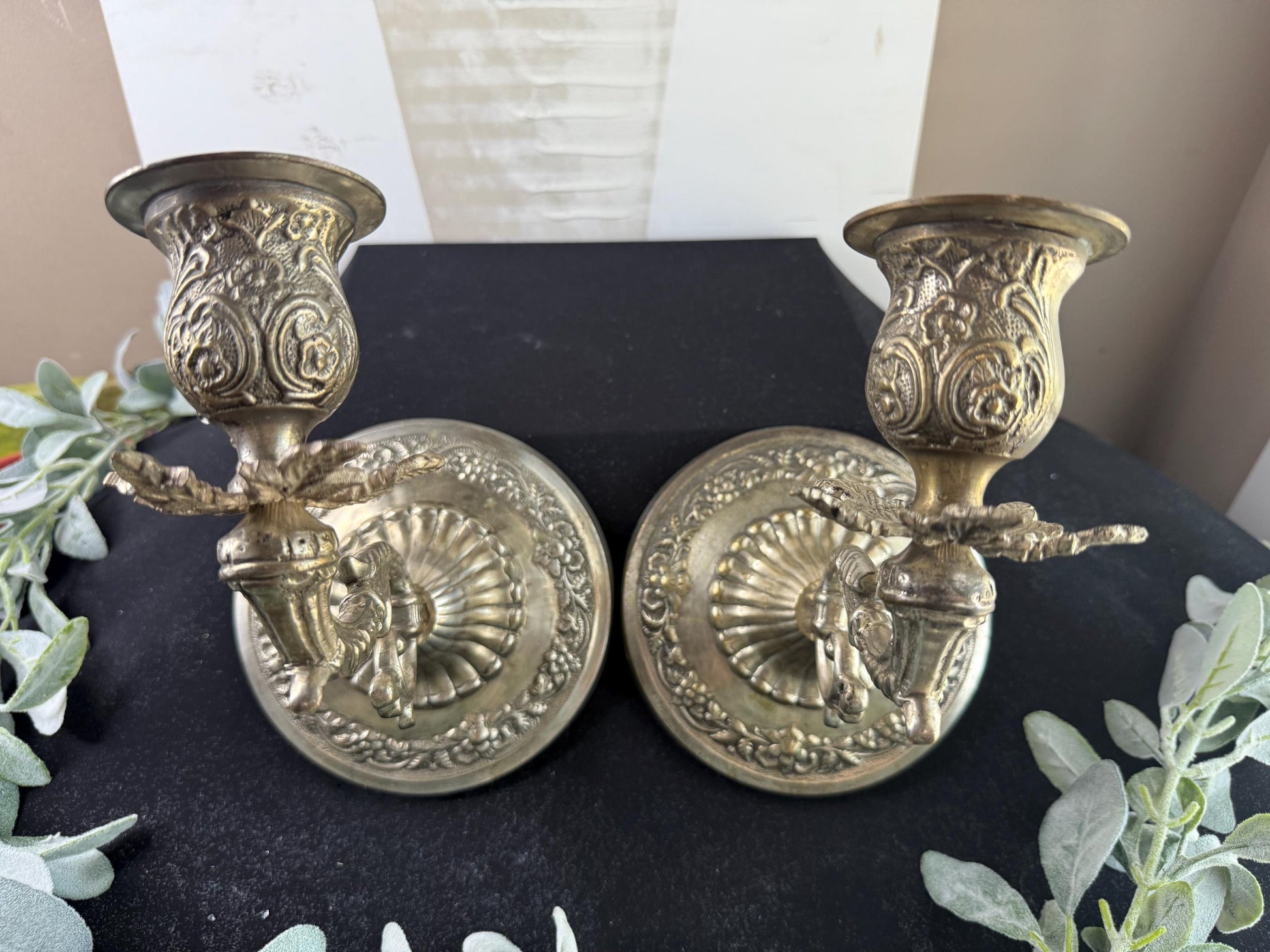 Pair of Vintage Silver Plated Candle Holder Sconces: Floral Scroll Design