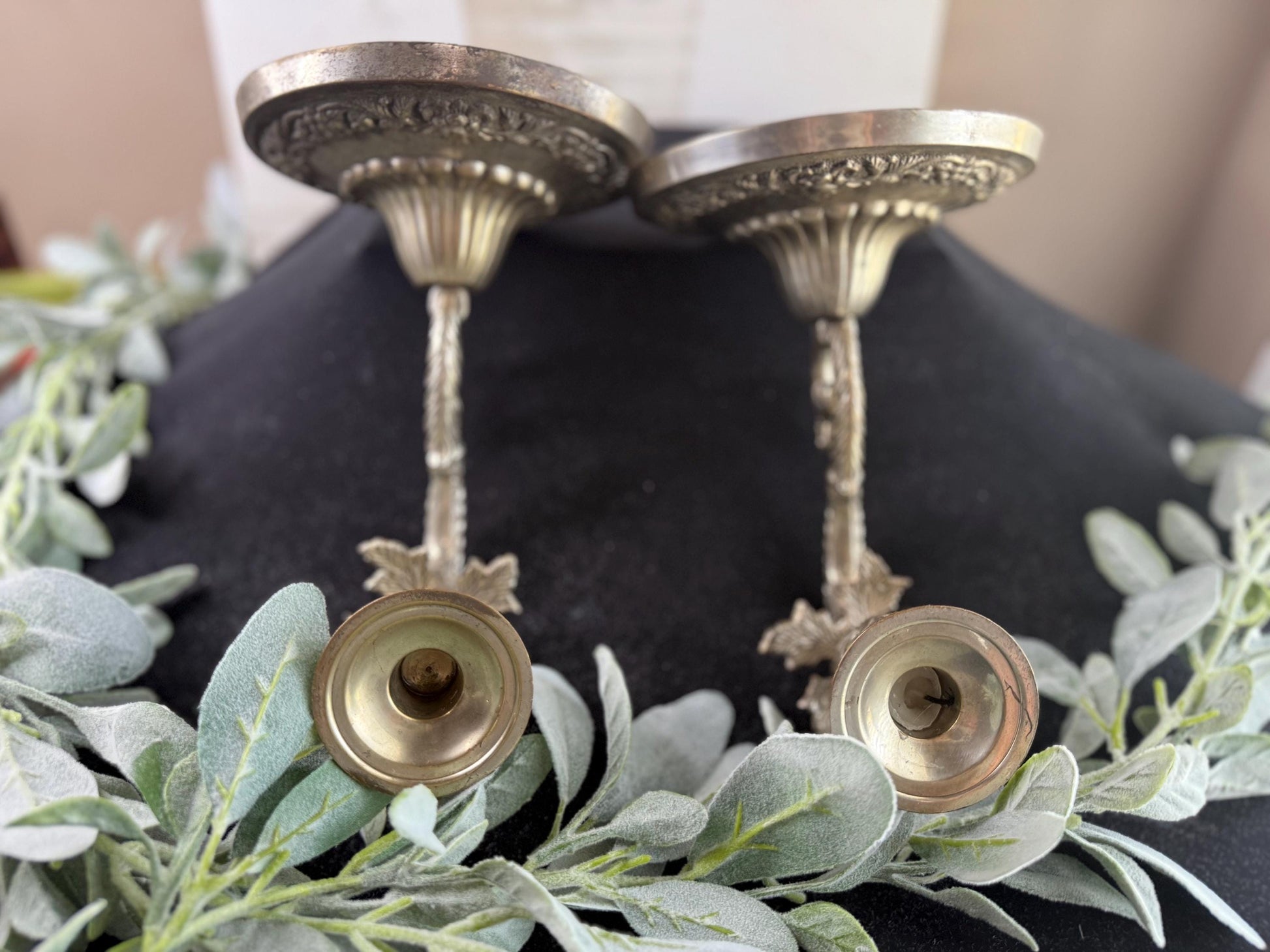 Pair of Vintage Silver Plated Candle Holder Sconces: Floral Scroll Design
