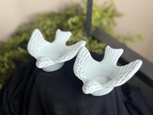 Pair of cast iron bird tea light candle holders