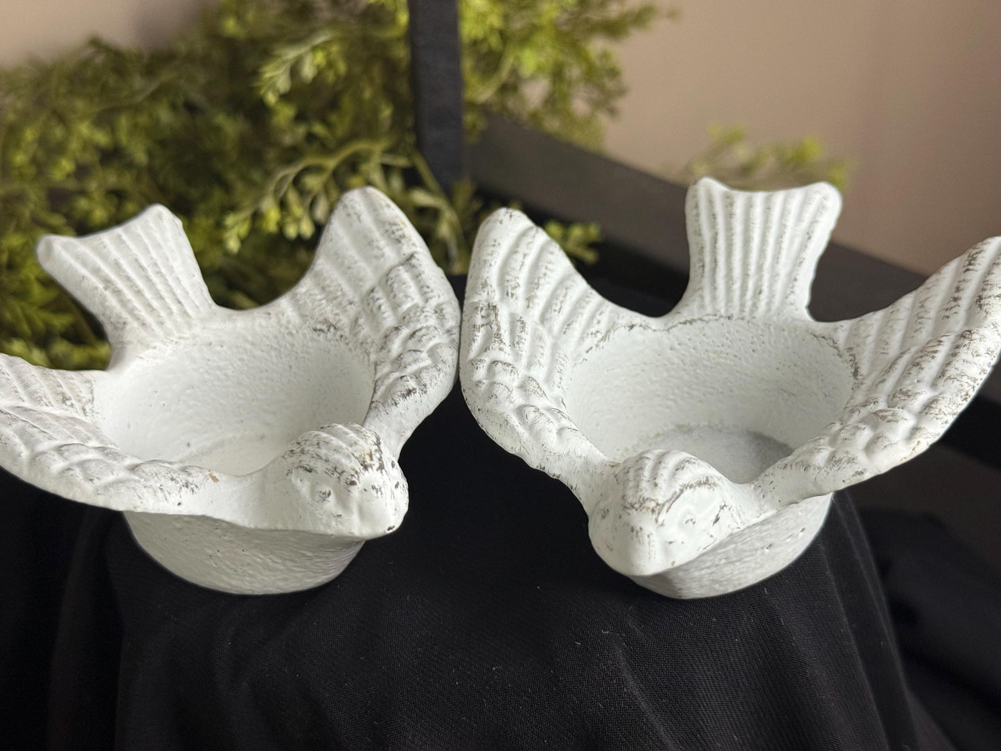 Pair of cast iron bird tea light candle holders