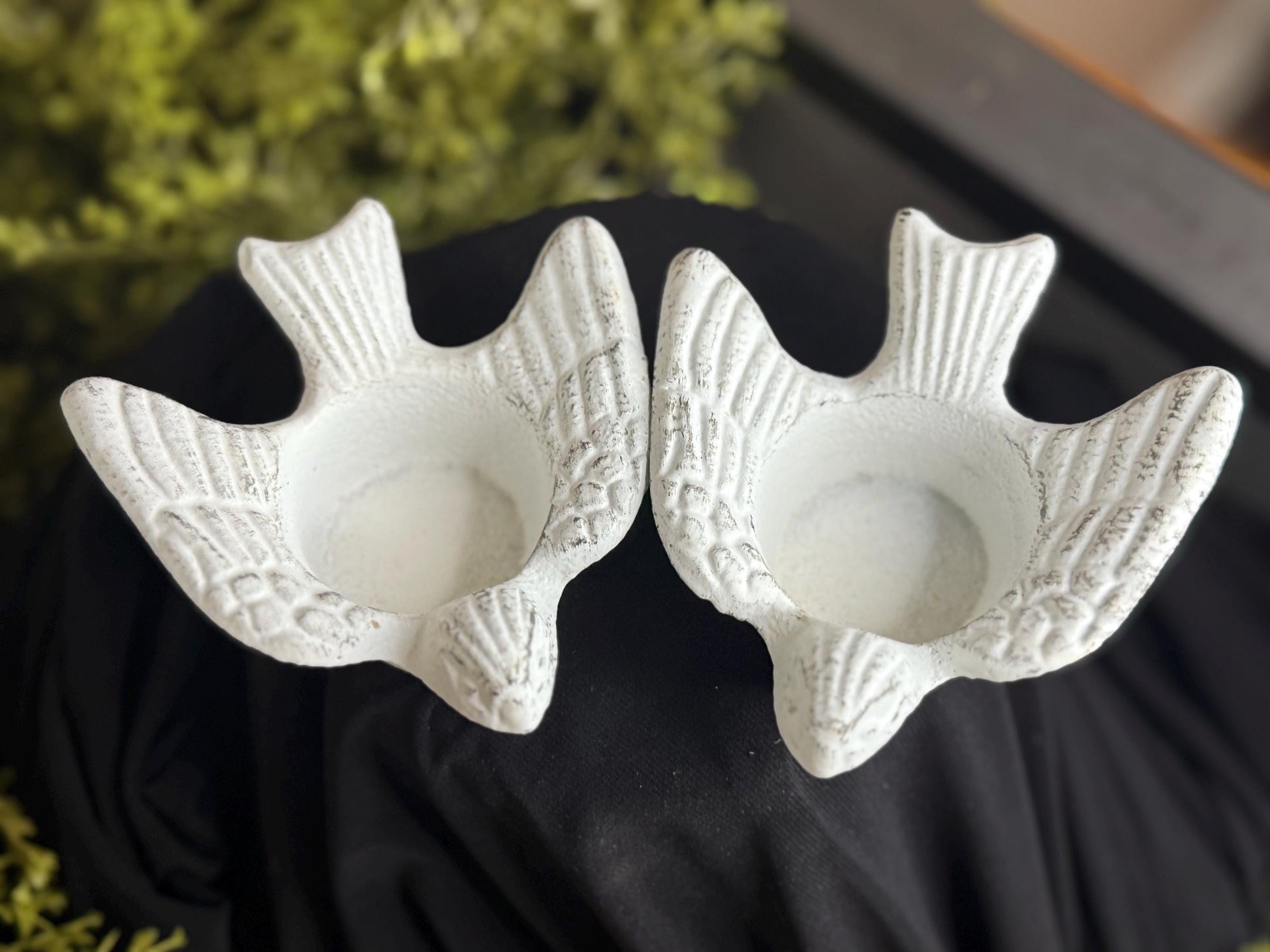 Pair of cast iron bird tea light candle holders