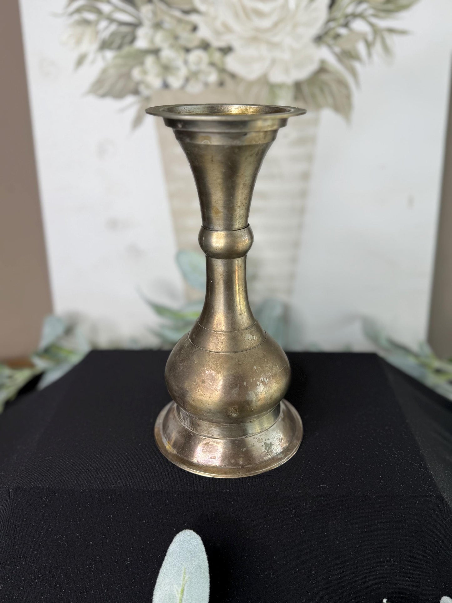 Patina Candle Holder: Metal & Pewter, 9" Tall