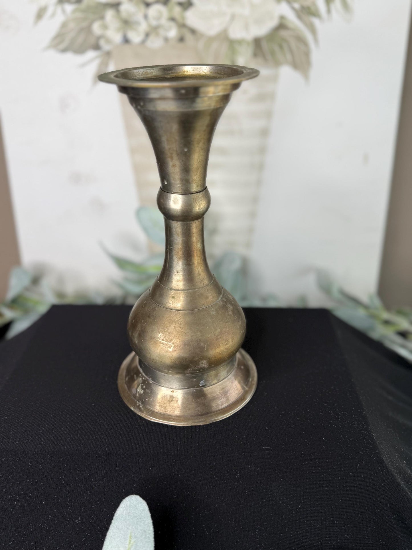 Patina Candle Holder: Metal & Pewter, 9" Tall