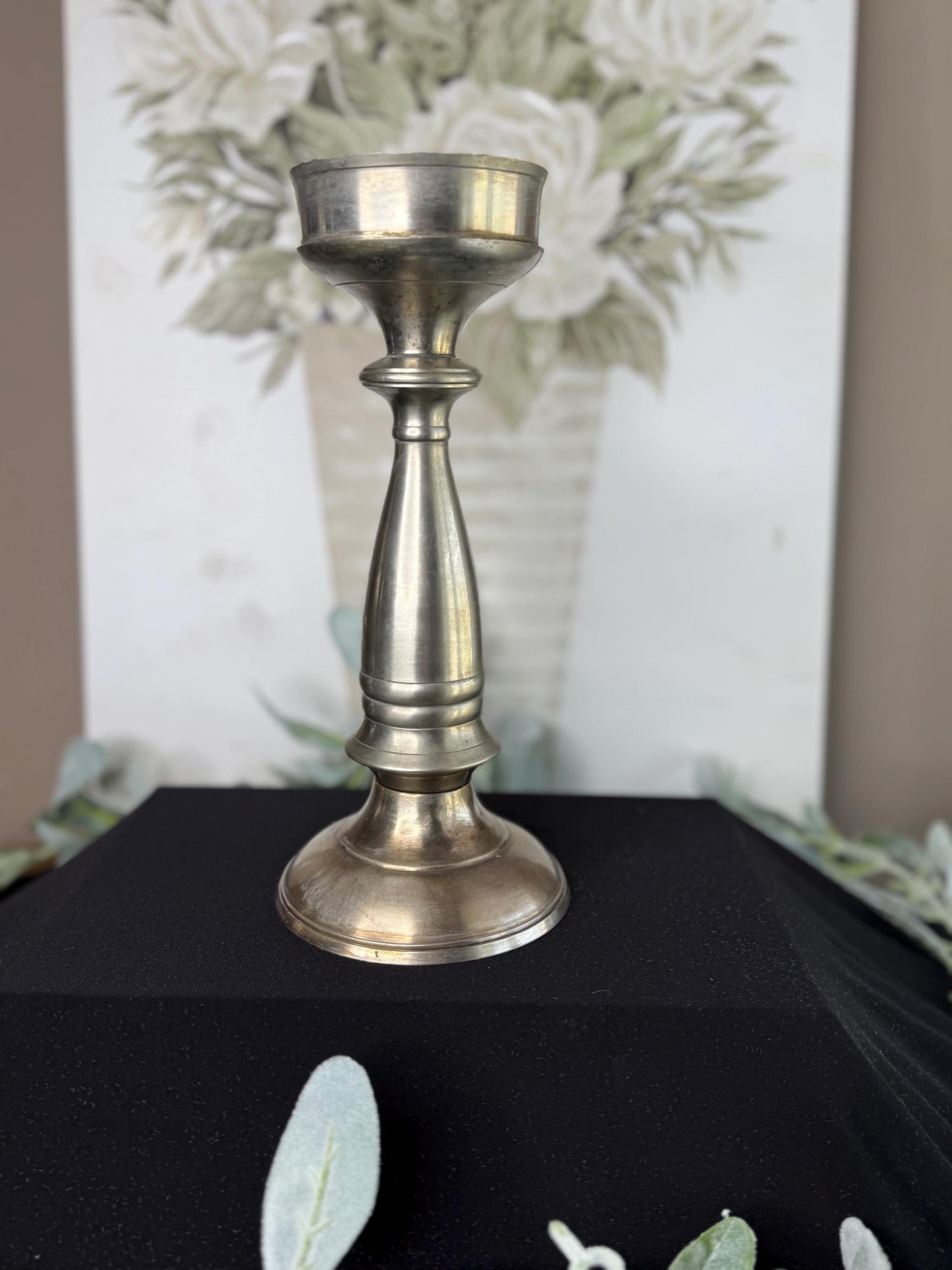 Patina Candle Holder: Metal or Pewter, 10.5” Tall