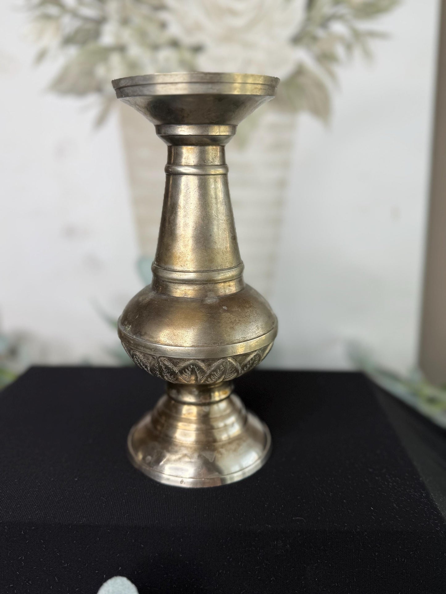 Patina Candle Holder: Metal or Pewter, 8.5" Tall