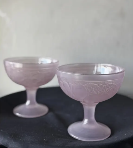 Luminarc Rose Pink Satin Frosted Footed Glass Compote Dessert Bowl Made in France