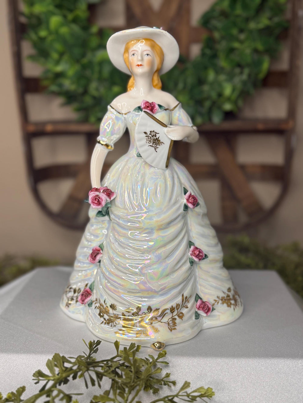 Victorian Lady with fan and Roses fine porcelain wind up music box