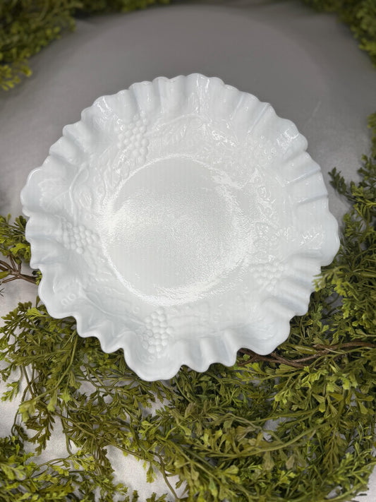 Vintage Imperial Milk Glass Bowl: Ruffled Harvest Grape Serving Dish