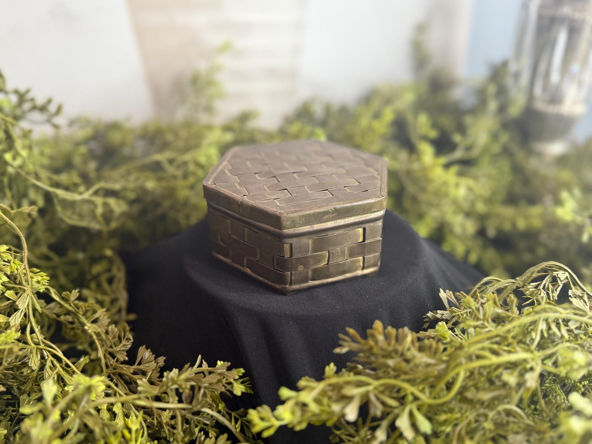 Vintage Solid Brass Trinket Box: Basket Weave Patina