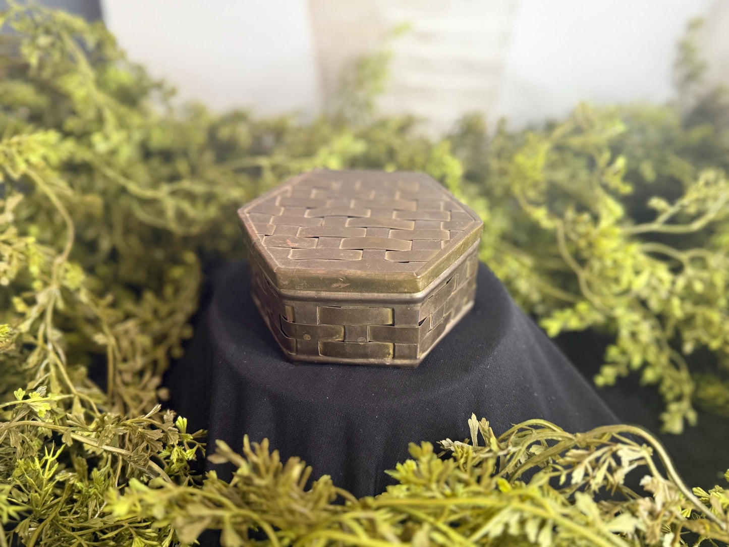 Vintage Solid Brass Trinket Box: Basket Weave Patina