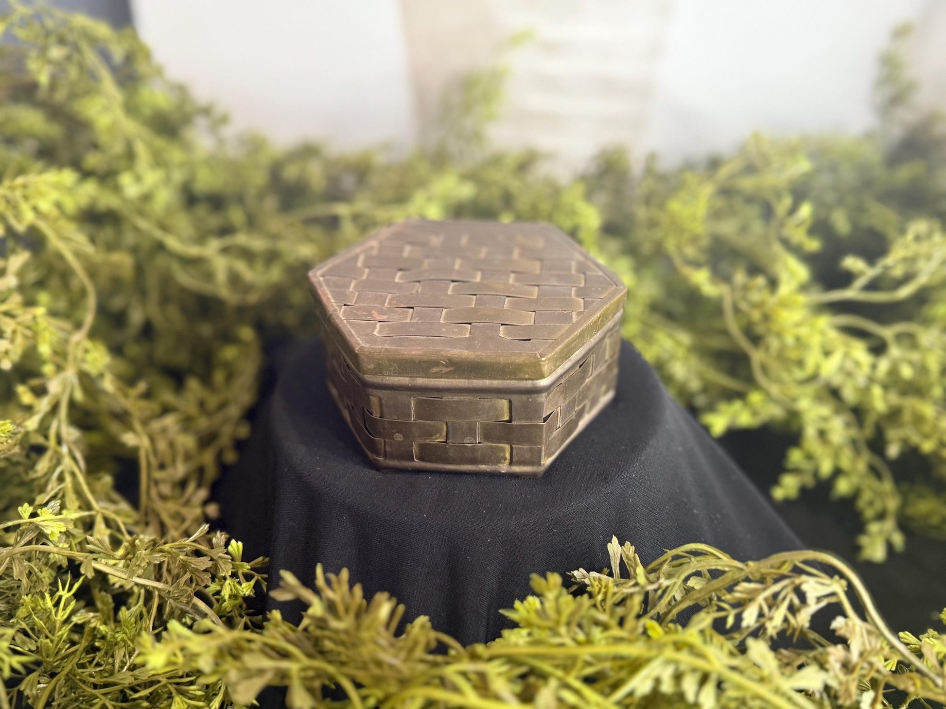 Vintage Solid Brass Trinket Box: Basket Weave Patina