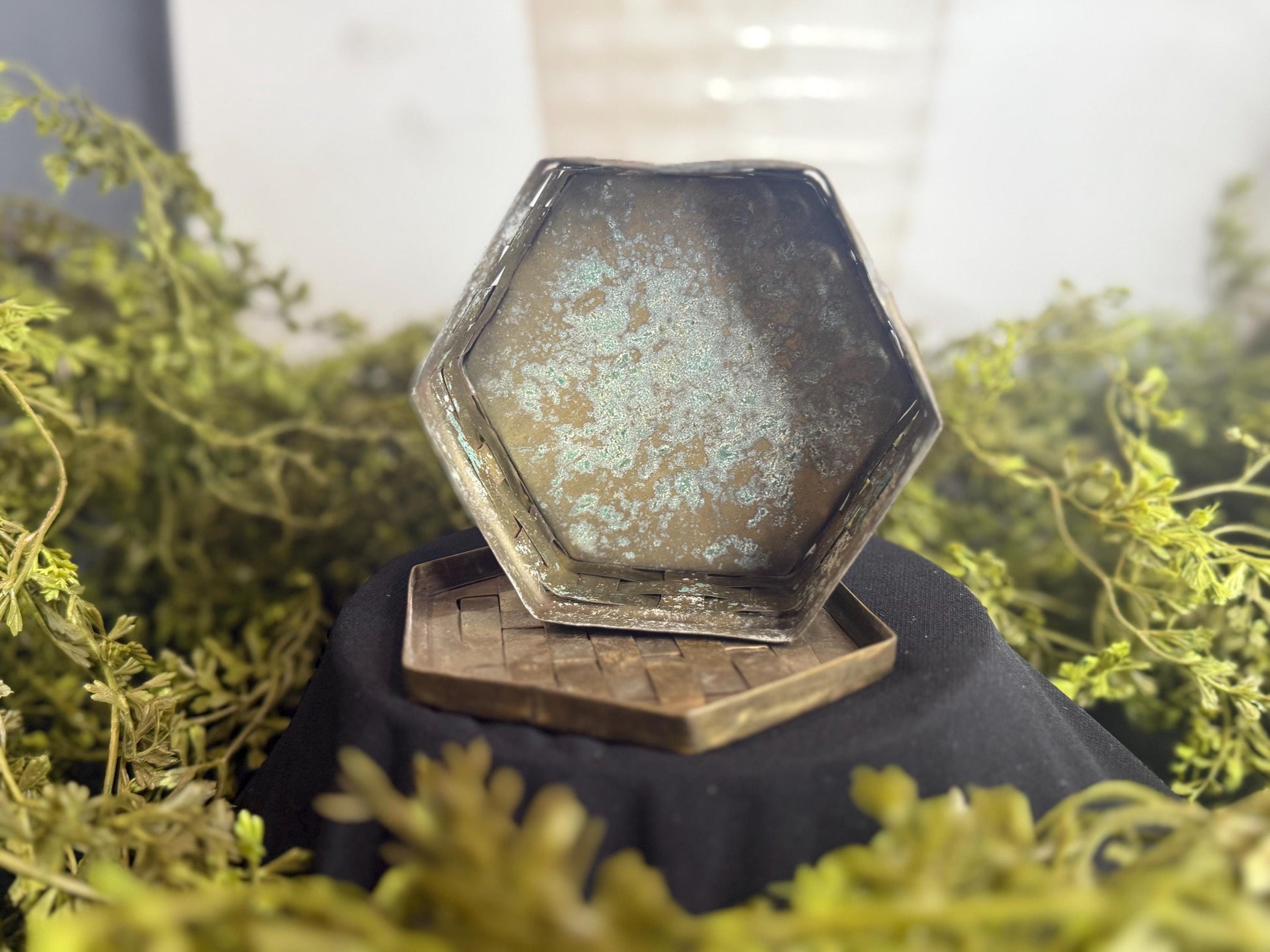 Vintage Solid Brass Trinket Box: Basket Weave Patina