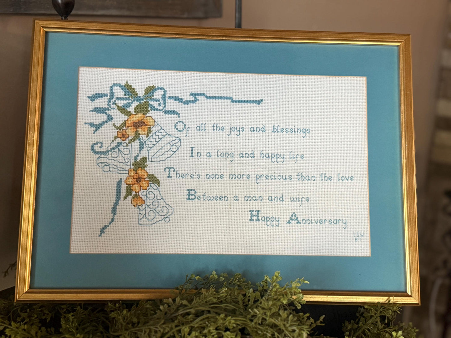 Framed Happy Anniversary Cross Stitch artwork