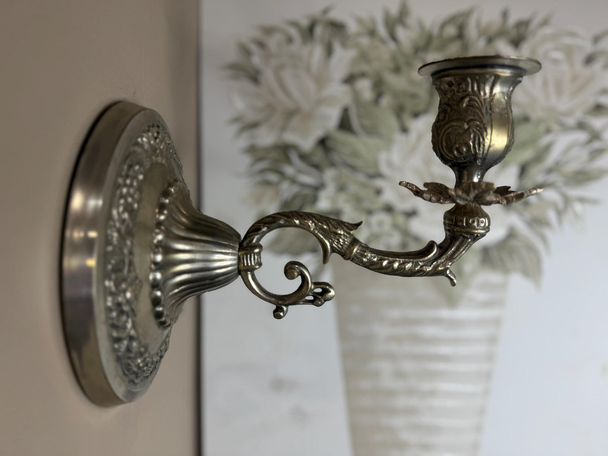 Vintage Silver Plated Candle Holder Sconces: Floral Scroll Design