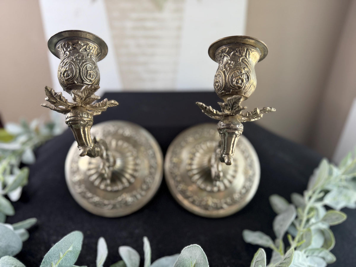 Vintage Silver Plated Candle Holder Sconces: Floral Scroll Design