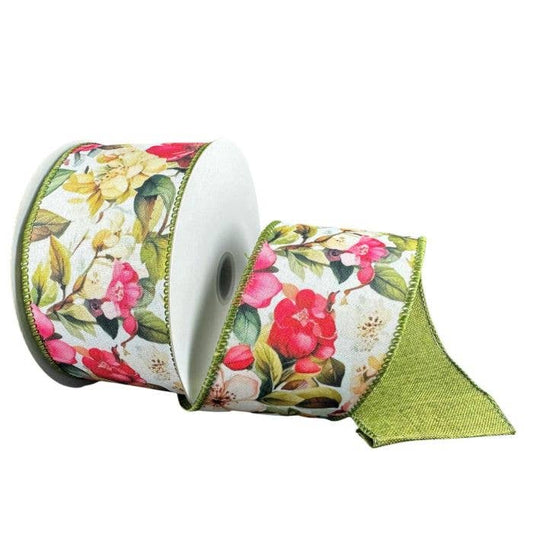 WIRED DOUBLE SIDED  RIBBON: PINK-BLUSH MAGNOLIA/MOSS LINEN BACK