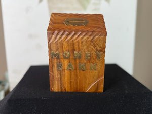 Hand Carved Wooden Money Bank with Brass Letters