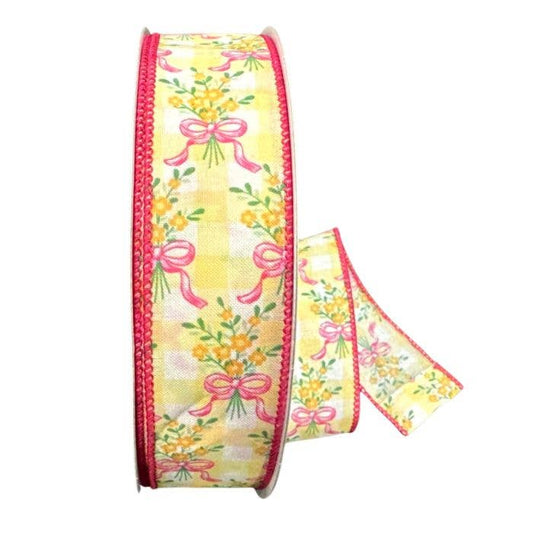 WIRED PINK BOW BOUQUET RIBBON: WHITE SATIN/YELLOW CHEX/ORANGE